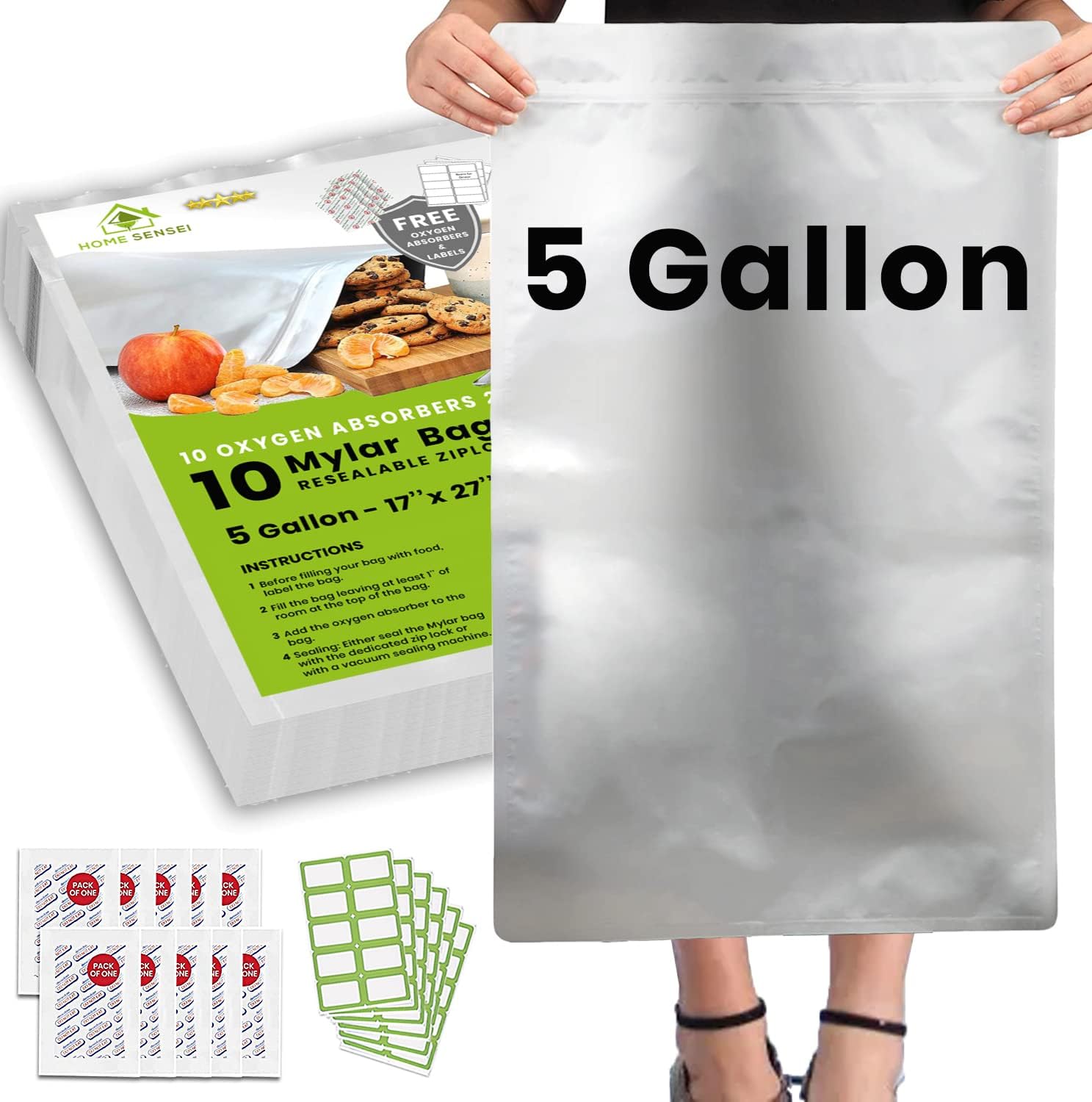 Food Storage Oxygen Absorbers - 10pcs 5 Gallon Mylar Bags for
